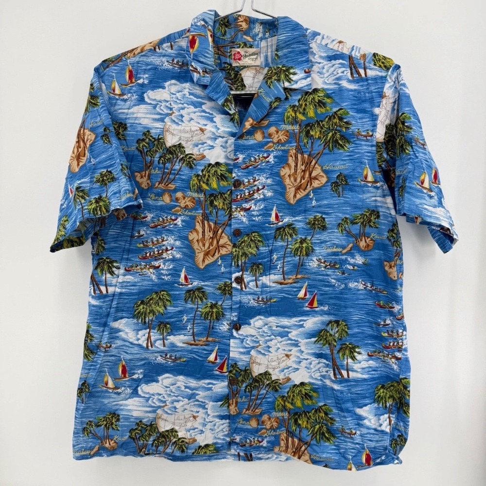 Hilo Hattie Hawaiian Shirt Mens 2XL Tropical Print Cotton Blue Island Pattern